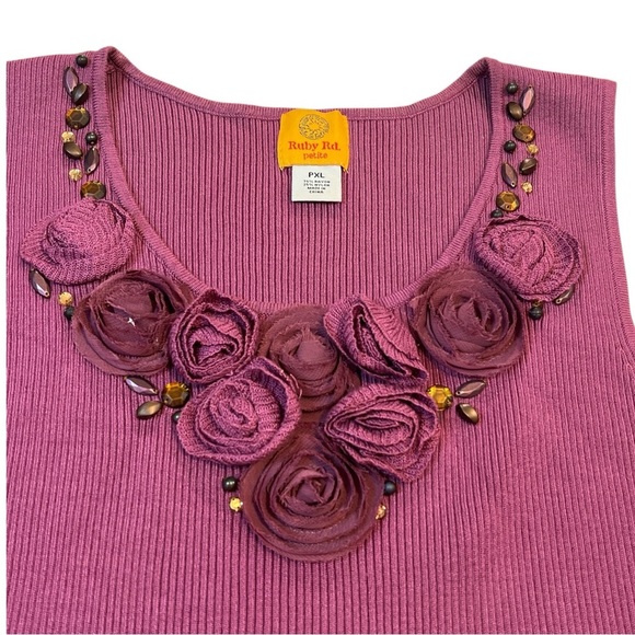 Ruby Rd Ribbed Sleeveless Tank Top, Floral Embellishments, Color Plum, Size PXL - Picture 8 of 10